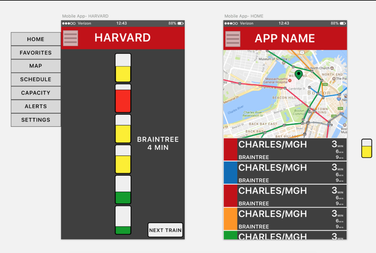 Train crowding phone app screens